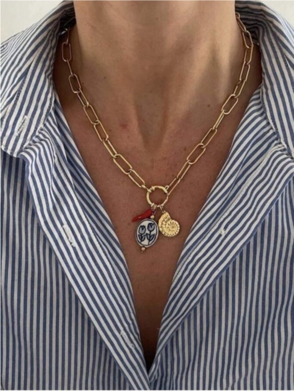 New! Blue Oil Drip Porcelain Charm Gold Paperclip Chain Necklace (1056) NWOT